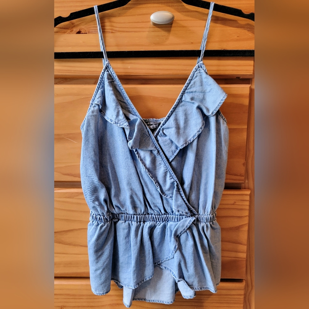 Express XS Denim Ruffle Wrap Spaghetti Strap Baby Doll Cami Top